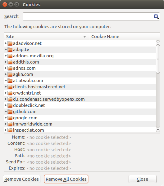 Mozilla Firefox - Preferences - Privacy - History - Cookies